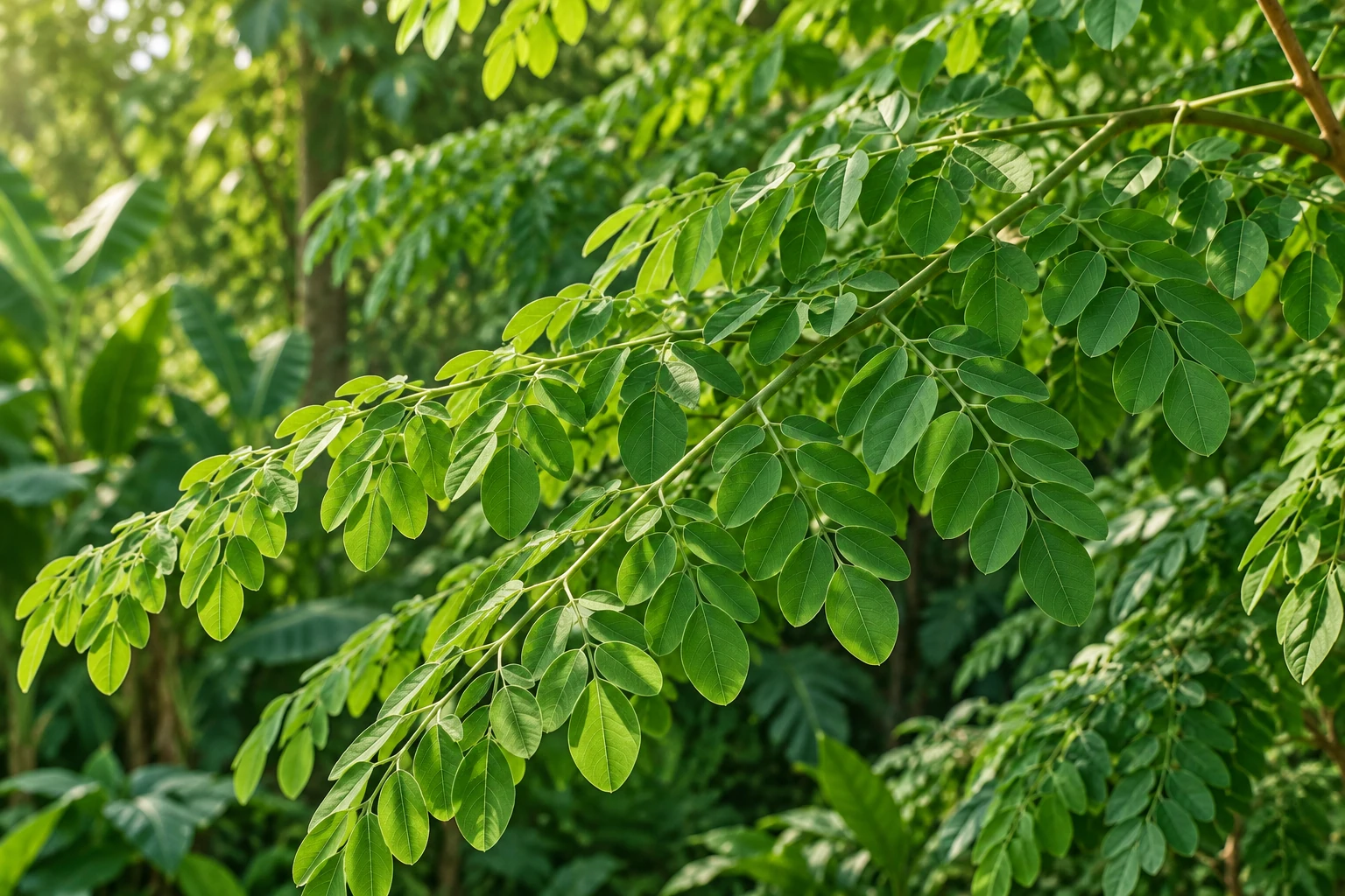 Fresh moringa branches glowing in natural garden light