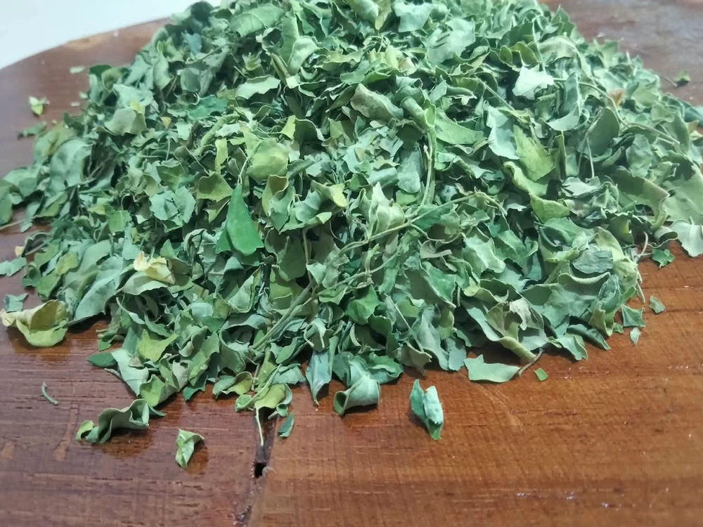 Dried moringa leaves on wooden board