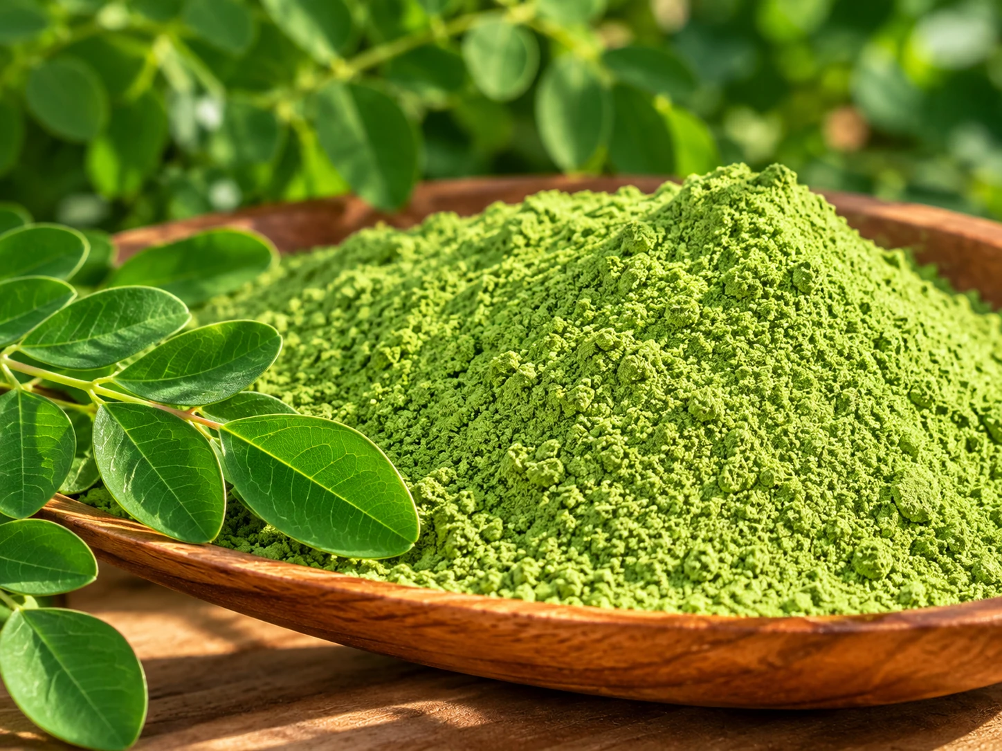 Finely milled green moringa powder in a wooden spoon