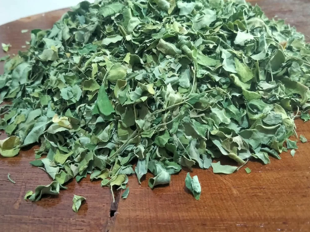 Dried green tea leaves and herbal cuts on wooden plate