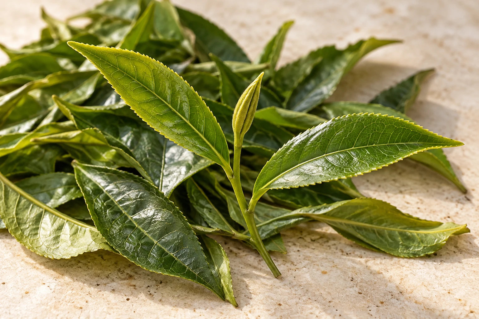Fresh green tea shoots on a pale stone surface